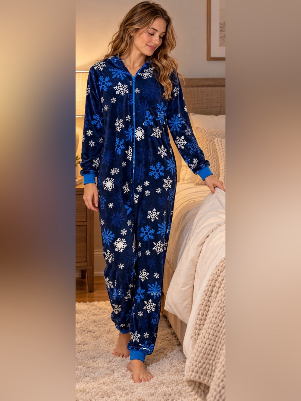Women’s Blue Snowflake One-Piece Hooded Pajamas Size 2X